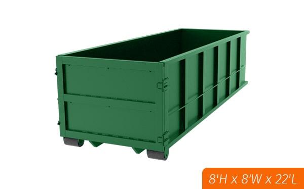 forty-yard dumpsters typically have a length of 22 feet, a width of 8 feet, and a height of 7 feet